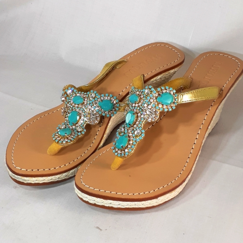 Mystique Boutique Gold Sandal with Turquoise Gem Accents